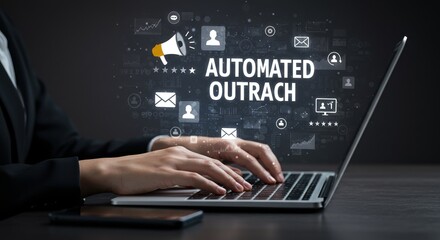 Automated Outreach: Businessperson using Laptop with Digital Marketing Icons