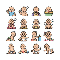 Fifteen Colorful Illustrations of Babies in Various Poses and Expressions Including Sitting Playing Crying Crawling and Reaching for a Bottle