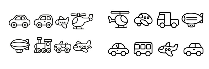 Fototapeta premium Various modes of transportation in a minimalistic and colorful design featuring land, air, and water vehicles