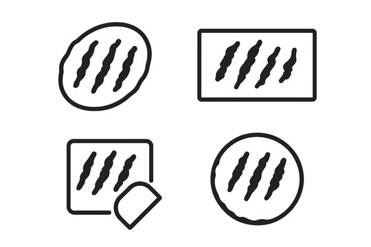Various styles of grilled food with distinctive sear marks displayed in four unique designs