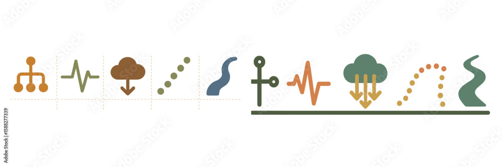 Poster abstract symbols representing data flow and analytical processes in a modern design