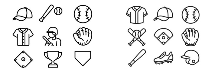 Various baseball and softball icons showcasing equipment and players in a minimalist design style