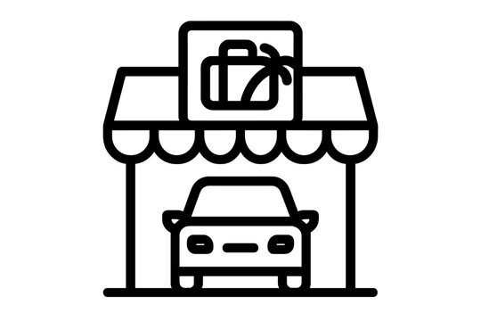 Car parked in front of a travel agency with a sign indicating vacation packages and getaway options