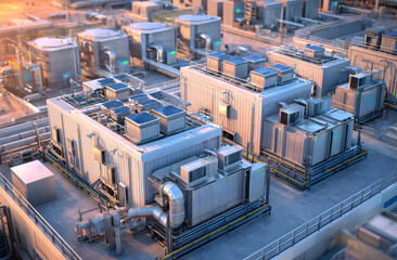 Industrial installations on manufacturing plant roof. Mechanical systems, air conditioning, ventilation, exhaust, filtration, handling on building rooftop. Modern smart infrastructure for efficient