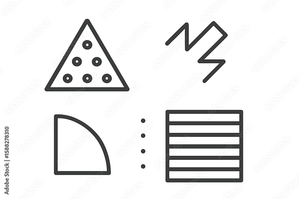 Poster geometric shapes in black outline displayed on a light background showcasing various forms and patte