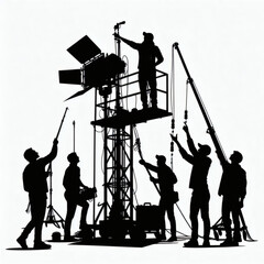 Silhouetted Film Crew Working On A Movie Set With Lighting And Equipment