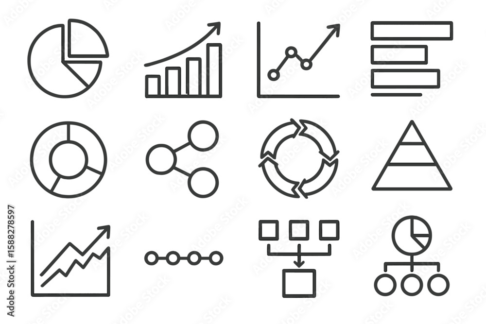 Poster various line icons representing data visualization and analytics elements used in presentations or r