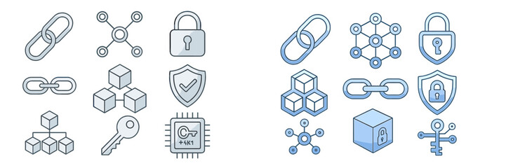 Illustration of various security and network icons featuring links, locks, and data structures in a modern design suitable for digital communication