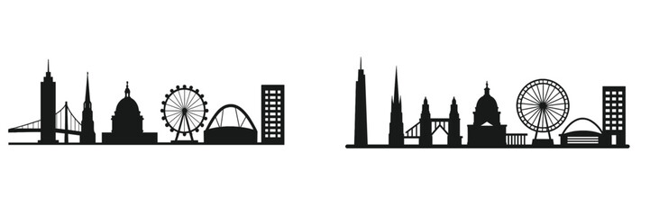 Fototapeta premium City skyline silhouette featuring iconic landmarks at sunset over an urban skyline design