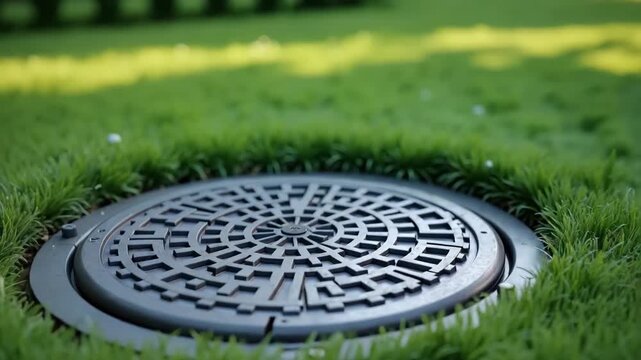 Lawn drainage system with round manhole cover installed in green grass area, lawn drainage solution. Manhole cover blends seamlessly into lawn drainage and provides efficient water management.