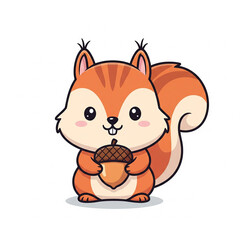 Obraz premium Cute Cartoon Squirrel Holding Acornon White Background