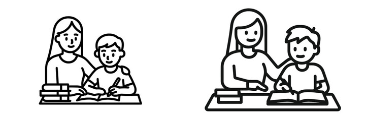 Mother and child engaging in home study session with books and writing materials