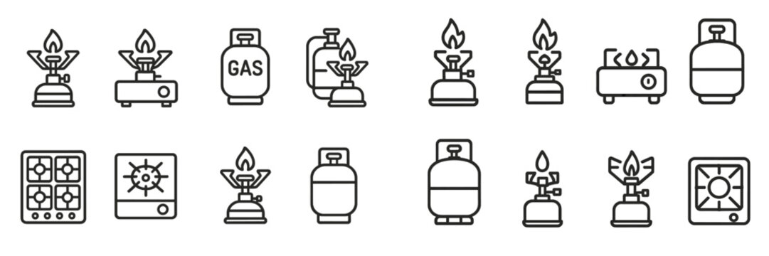Collection of various gas stove and fuel canister illustrations displayed in a neat grid format showcasing kitchen essentials