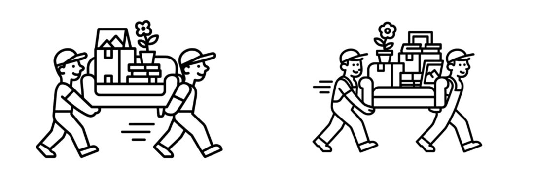 Movers carrying a sofa filled with boxes and plants in a residential area during daylight hours