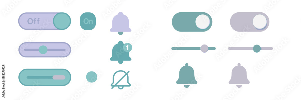 Poster illustrations of user interface toggle switches and sliders for notification settings in a digital a