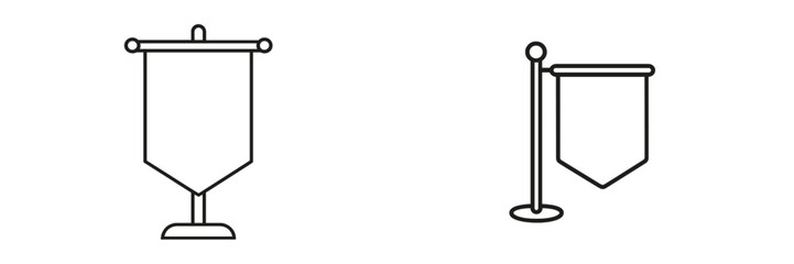 Decorative banner designs displayed on stands for various events and celebrations in a minimalist style