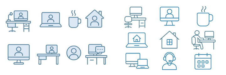 Series of icons depicting remote work, home office setups, and virtual meetings with various devices and elements