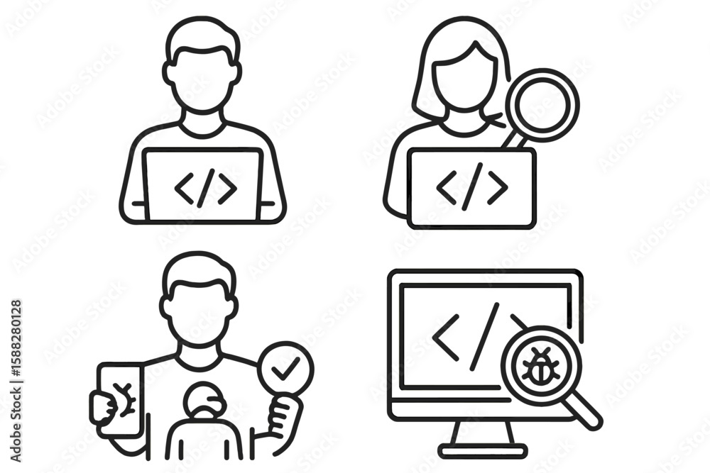 Poster coding and debugging activities showcased through four illustrations depicting tech-related tasks