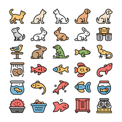 Fototapeta premium Colorful Collection of Pet Icons Featuring Cats Dogs Rabbits Birds Fish Reptiles and Aquarium Accessories Illustrated in a Flat Line Art Style with Bold Outlines and Pastel