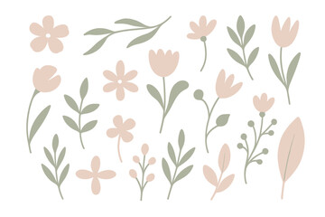Various simple floral designs featuring soft colors and minimalistic shapes arranged artistically on a white background