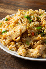 A closeup view of a plate of chicken fried rice.