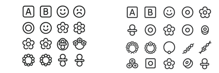 Unique collection of simple icons featuring flowers, shapes, and emotive symbols on a clean background