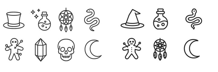 Obraz premium Halloween-themed illustrations featuring magical elements, mystical symbols, and spooky icons suitable for various decorations and crafts