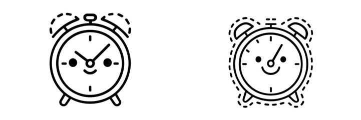 Cute cartoon alarm clocks with happy faces on a white background showcasing playful design elements and simple lines