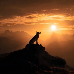 Mountain Wolf in Sunset Light &ndash; Powerful Silhouette Over Dramatic Skyline