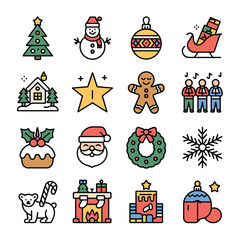 Colorful Christmas Icons Set Featuring Santa Claus Snowman Christmas Tree Gingerbread Man Holly Wreath Star Snowflake Polar Bear Fireplace and More Festive Elements
