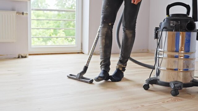 Person using industrial vacuum cleaner to remove dust from freshly sanded hardwood floor in bright room with large window, renovation phase before varnishing, static camera