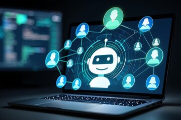 Futuristic digital illustration of a friendly chatbot icon at the center of a network of connected user profiles representing artificial intelligence and online communication technology