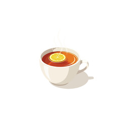 A steaming cup of tea with a lemon slice floating on the surface, casting a shadow on a white background.