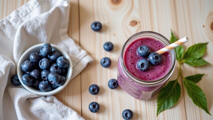 Blueberry smoothie in glass jar with fresh blueberries on table  