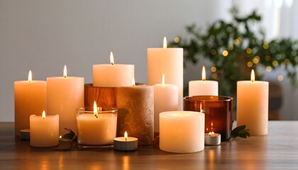 Burning candles on a table