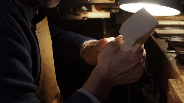 Master maker carefully opens the pegbox holes on violin neck blank, aligning and shaping them with precision under warm lamplight in traditional woodworking workshop during instrument construction.