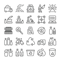 Collection of Linear Black Icons Depicting the Entire Plastic Bottle Recycling Process from Collection to Manufacturing and Disposal Showing Stages like Waste Collection