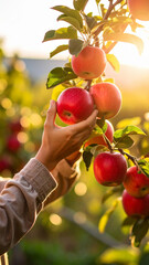 Hands reaching to pick ripe red apples from a sunlit orchard tree.