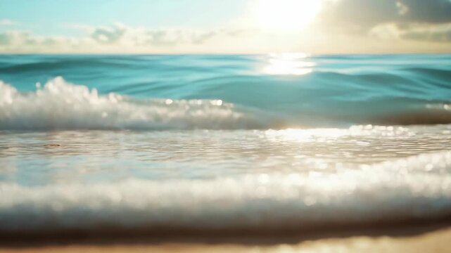 Peaceful sunset over a tranquil ocean shore, with waves gently rolling onto the sand.