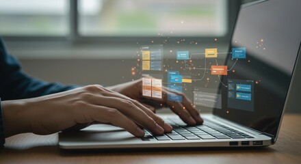 Person Typing on Laptop with Software Interface Overlay