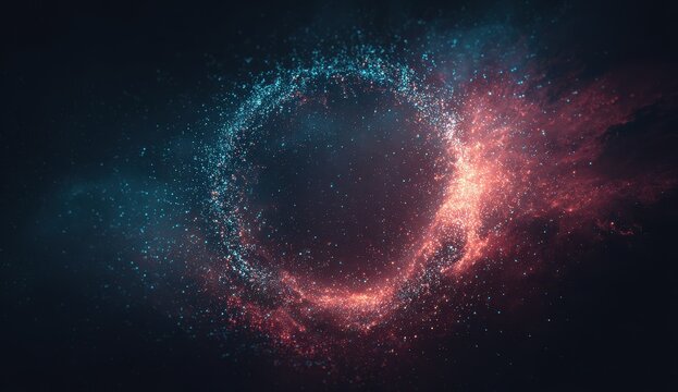 Abstract circular frame, glowing particles, dark background, vibrant colors - Powered by Adobe
