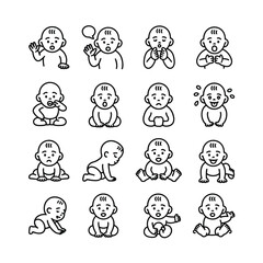 Sixteen Black and White Line Drawings of Babies Displaying Various Expressions and Actions Including Sitting Crawling Playing and Communicating