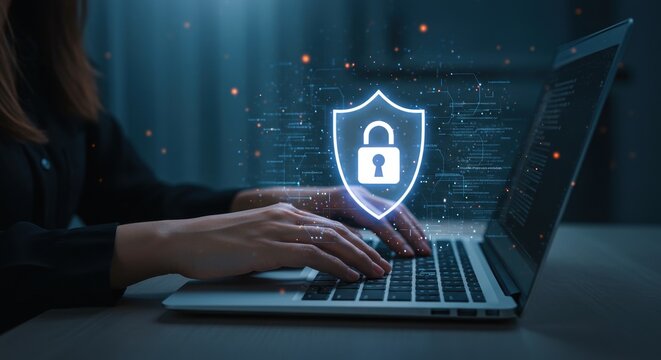 Woman Typing on Laptop with Digital Security Shield Overlay, Data Protection Concept