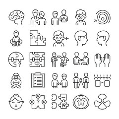 Collection of thirty black line icons depicting human interaction teamwork problem solving communication and mental health concepts including brain puzzle pieces people in