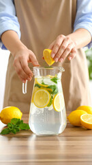 Close-up of hands squeezing lemon into a glass jug in a bright natural light kitchen.