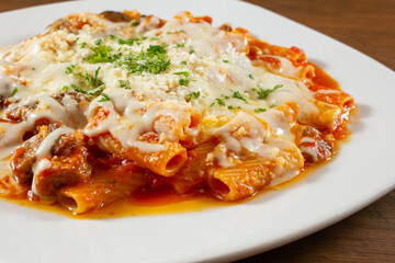 A closeup view of a rigatoni entree.