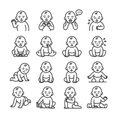 Sixteen Black Outline Drawings of Babies in Various Poses and Expressions Including Sitting Crawling Playing and Communicating