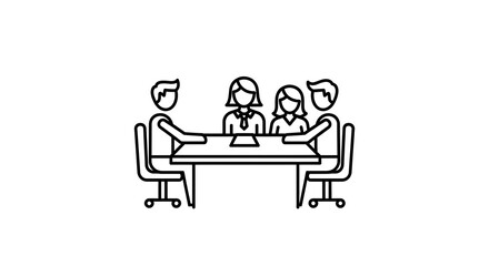 Outline illustration of four people in a meeting around a table with chairs on a white background - ai generated