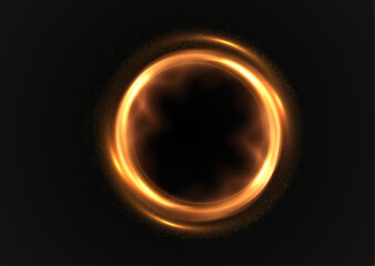 Glowing sci-fi energy portal PNG. Golden circular ring with sparks on black background. Perfect for teleport effects, space designs, futuristic technology, and fantasy overlays.