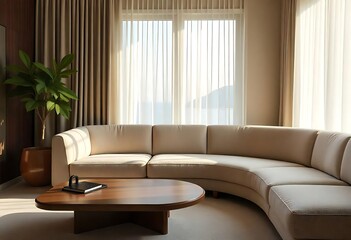 Fototapeta premium Generative AI Modern living room interior with curved sofa and sun